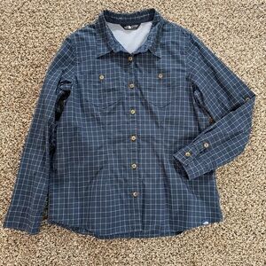 The North Face Women's L Blue Grid Button Shirt Long Sleeve Outdoor Hiking Lined
